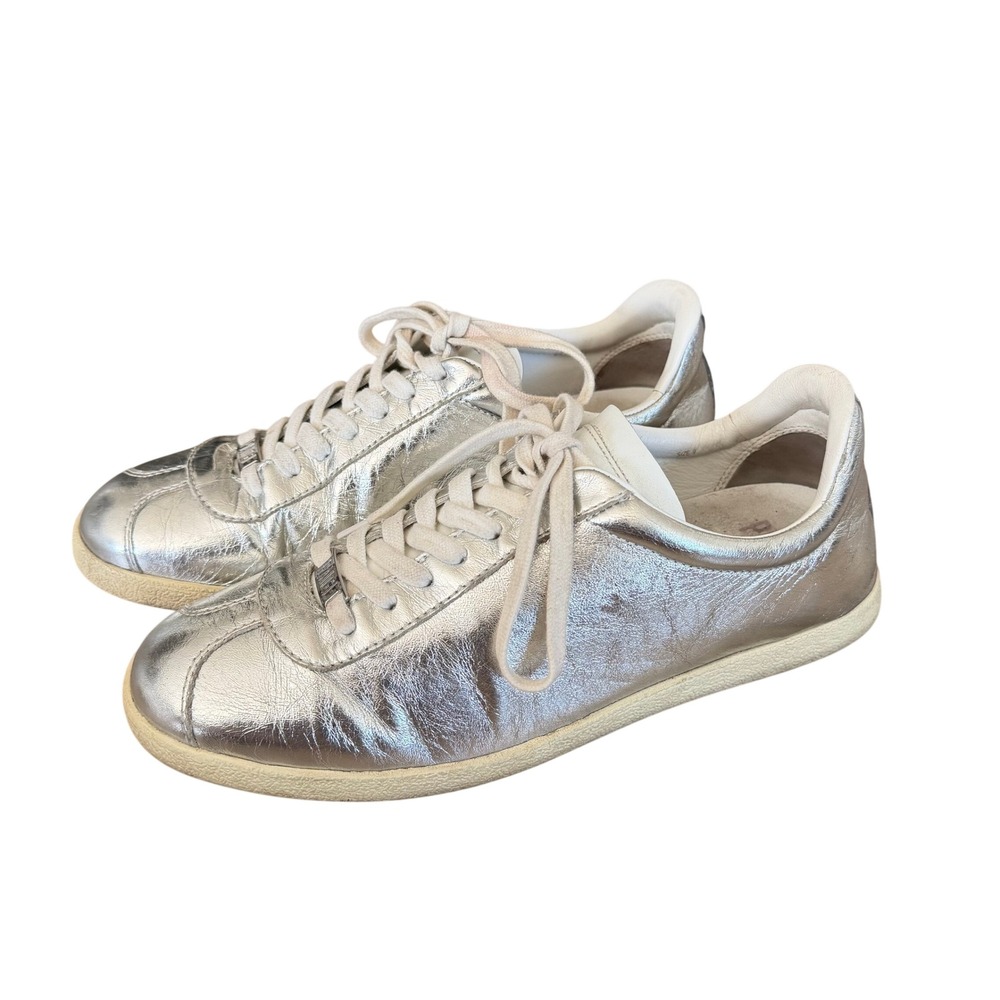 Paige Women's Silver Metallic Leather Low Top Sneakers Snakeskin Heel Size 8.5/9